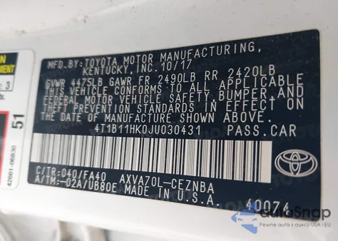 2018 Toyota Camry Le from USA, damaged, VIN 4T1B11HK0JU030431